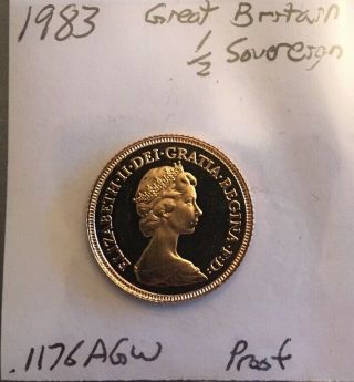 Gold Proof 1983 Great Britain 1/2 Sovereign.  1178 Agw