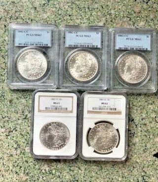 Pcgs & Ngc Silver Ms 63 & 62 1882 Cc Morgan Dollars 5 Coins