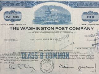 1971 The Washington Post Company - Delaware - Stock Certificate - Watergate/nixon