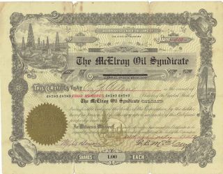 1917 Stock Certificate 400 Shares The Mcelroy Oil Syndicate Oklahoma