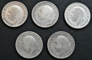 1928 - 1931 Great Britain Sixpence,  Silver Coins,  Group Of 5 - 787