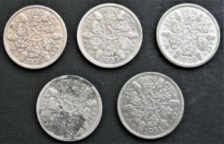 1928 - 1931 Great Britain Sixpence,  silver coins,  group of 5 - 787 2