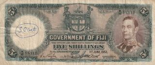 Fiji 5 Shillings Banknote 1.  6.  1951 P.  37k Very Good
