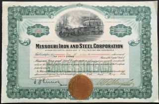 Missouri Iron And Steel Company Stock 1920.  Early St.  Louis Steel Mill.  Vig