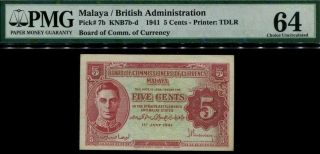 Malaya Board Of Commissioners Currency Banknote Kgvi,  5¢ Pmg 64,  P7b,  Cunc 1941