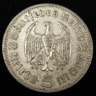 1936 A Germany 5 Reichsmark 13.  8gm.  900 Silver Paul Von Hindenburg Coin 2g5r3619