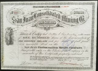San Juan Consolidated Mining Co Stock 1876 Rio Grande County,  Co.  Rich Lode Gold