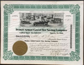 Demas Armor - Cased Tire Saving Company Stock 1920.  Tires.  Very Unique Vignette Vf