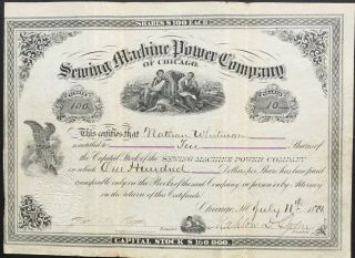 Sewing Machine Power Company Of Chicago Stock 1874 Mahon D.  Ogden President