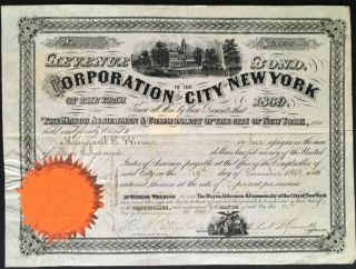 Corp.  Of The City Of York Bond 1869.  $3,  000.  Historic Certificate Boss Tweed