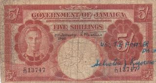 5 Shillings Vg - Banknote From British Jamaica 1948 Pick - 37 Short Snorter