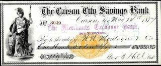 Check: Merchants Exchange Bank,  Carson City Savings Bank,  Nev,  1877,  Vignette,