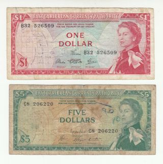 East Caribbean States 1,  5 Dollars 1965 Circ.  P13d,  P14g Qeii @