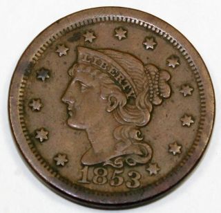 1853 United States One Large Braided Hair Cent / Penny - Vf Very Fine