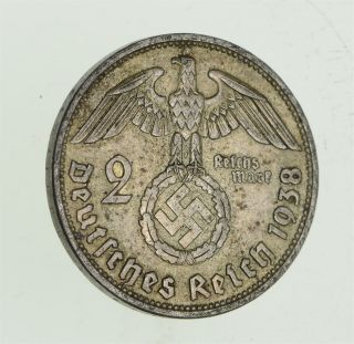 1938 German Ww2 Nazi 2 Mark Swastika Silver Historic Coin - Germany War 885