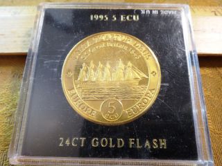 1995 Great Britain Fantasy 5 Ecu 24ct Gold Flash Coin/medal - S&h Usa