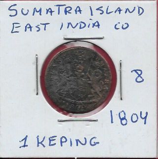 East India Company Sumatra 1 Keping 1804 F Eic Supported Arms,  Date Below,  Value,  D
