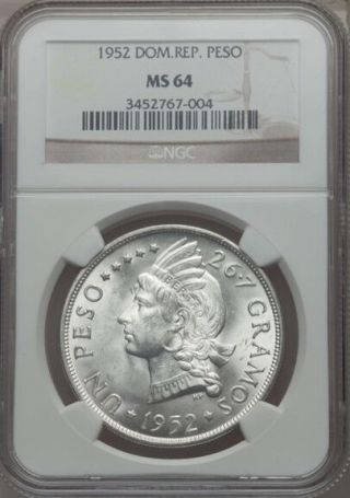 Dominican Republic 1952 Peso Silver Coin,  Certified Choice Uncirculated Ngc Ms64