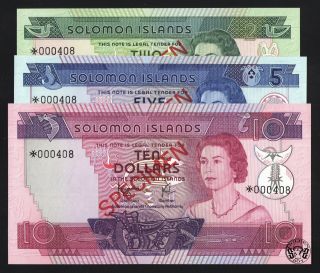 Solomon Islands 2,  5,  10 Dollars 1979,  Set Of 3 Note,  Qeii.  Unc,  Specimen S/n: 408