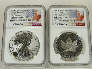 2019 Pride Of Two Nations Set,  1 Oz.  Silver Eagle,  1 Oz Maple Leaf Ngc Proof 70