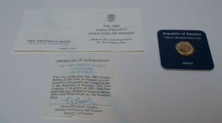 1983 Panama 20 Balboa Proof Gold Coin With Certificate Of Authenticity