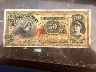 Two 1908 Banco Nacional De Mexico 50 Pesos & 5 Pesos Bank Notes