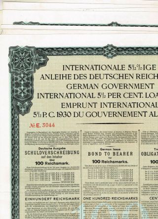 Set 5 German Government Int.  Loan 1930 (young - Loan),  100 Rm,  German,  Cancelled