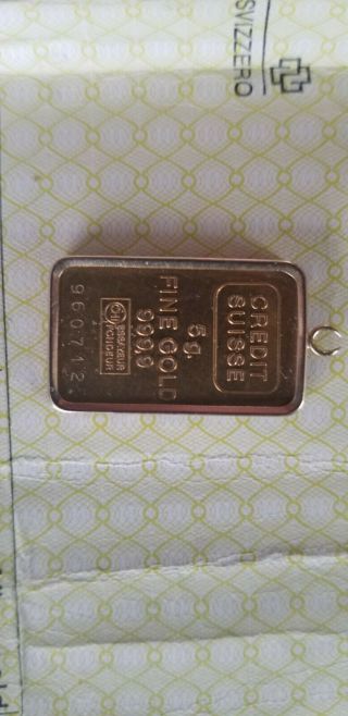 Credit Suisse 5 Gram 999.  9 Fine Gold Bar With Certificate And 14k Gold Pendant
