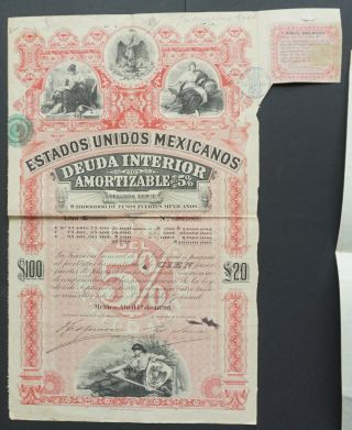 Mexico - Estadas Unidos Mexicanos 1896 - 100 Dollar Letter E - With Coupons