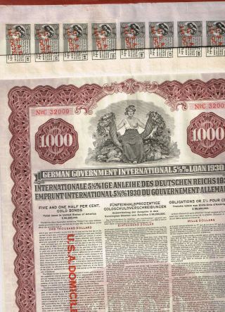 Set 2 German Government Int.  Loan 1930 (young - Loan),  $1000 Gold - Bond,  Cancelled,