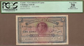 Cyprus: 5 Shillings Banknote,  (vf Pcgs20),  P - 22,  01.  11.  1950,