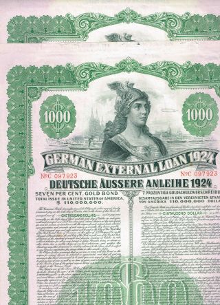 Set 2 German External Loan 1924 (dawes - Loan),  $1000 Gold - Bond,  Cancelled,  Vf