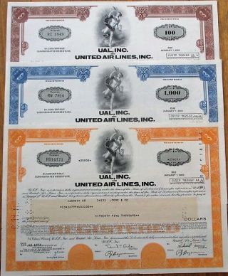 Ual / United Air Lines Airlines Stock/bond Certificates - Three (3) Different