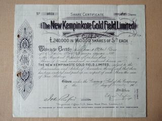 India The Kempinkote Gold Field Mining Share Certificate 1906 London Printer