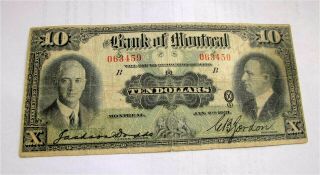 1931 Bank Of Montreal $10 Dollars Chartered Banknote Large Size
