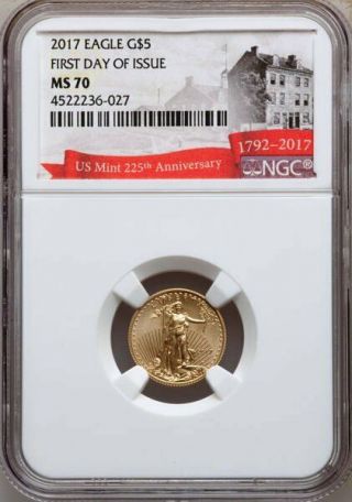 2017 $5 American Gold Eagle 1/10 Oz - Ngc Ms 70 - 225th Anniversary,
