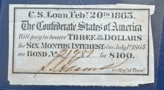 1863 $3 1/2 Dollar Confederate States Of America Authentic Civil War Bond Coupon