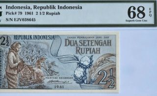 Indonesia - 2 1/2 Rupiah - 1961 - Pick 79 Pmg 68 Epq Gem Unc Scarce Grade
