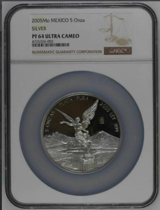 2005 Mo Mexico Silver Proof Libertad 5 Onza Oz.  Ngc Pf64 - Only 10 Graded - Wow