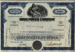 Ohio Power Company Stock Certificate Blue Canton