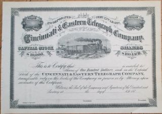 Cincinnati & Eastern Telegraph Company 1870s Stock Certificate - Ohio Oh Railroad
