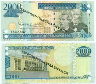 Dominican Republic Note 2000 Pesos 2009 Specimen P 181s2 Unc