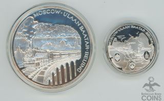 Set Of 2: 1995 Railroad Mongolia 2500 & 500 Tugrik 5 Oz & 1 Oz Proof Coin