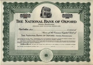 National Bank Of Oxford Stock Certificate Pennsylvania