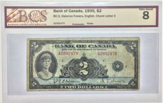 1935 Bank Of Canada $2 Note (english) Bcs Graded Vg 8 35650