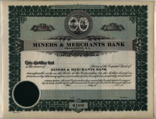 Miners & Merchants Bank Stock Certificate Charleston South Carolina