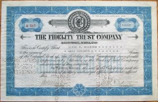 Fidelity Trust Company Of Baltimore,  Md 1924 Bank Stock Certificate - Maryland