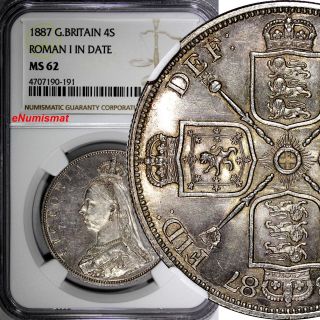 Great Britain Victoria Silver 1887 Double Florin Ngc Ms62 Roman I In Date Km 763