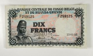 Belgian Congo,  Banque Centrale Du Congo,  1955 10 Francs,  P - 30a,  Vf W&s