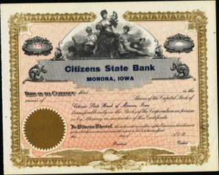 Citizens State Bank Of Monona,  Iowa,  19 - -,  Unissued,  Crisp Stock Certificate